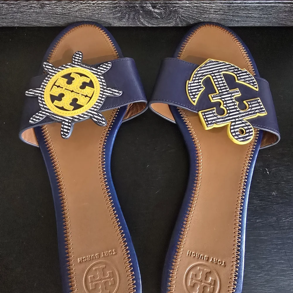 Tory Burch Navy Leather Maritime Slide Sandals 10